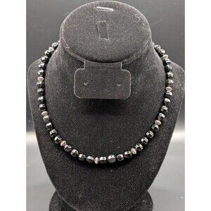 Vintage Black Glass Bead Necklace Faceted